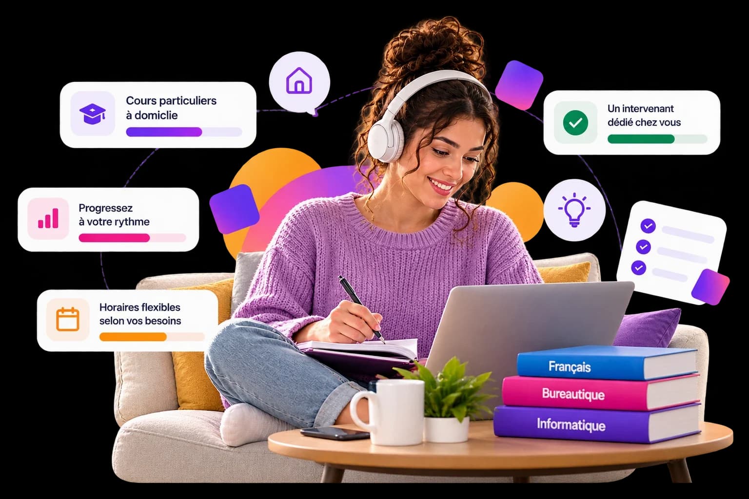 Une apprenante avec un casque prend des notes sur son canapé, devant son ordinateur, avec des livres de français, bureautique et informatique posés sur la table